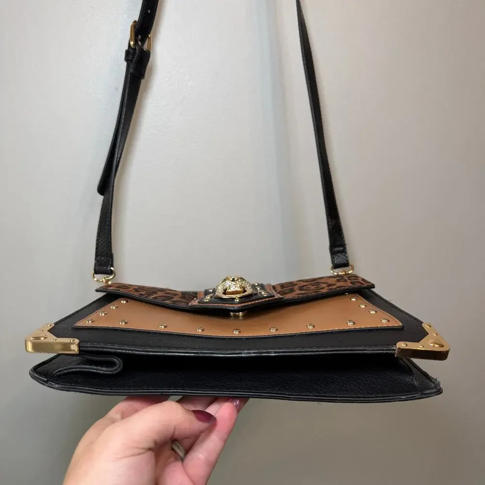 Aldo Baro Top Handle Bag Crossbody Purse Jeweled Cat Cheetah Print